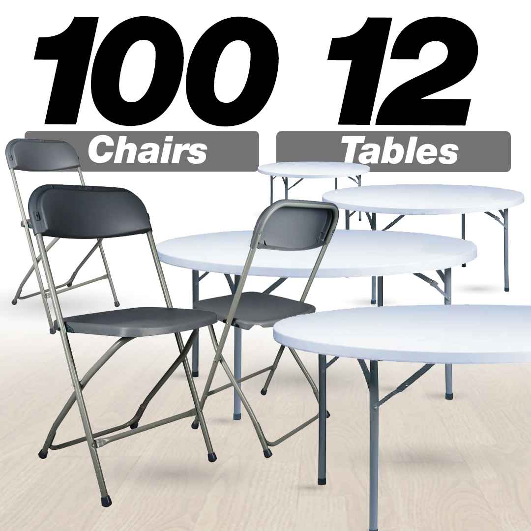 Chivari 100 Pack Dark Gray Plastic Folding Chair and 12 60" (5 Foot) Round Plastic Folding Table CFPGD-100PLS60-KT