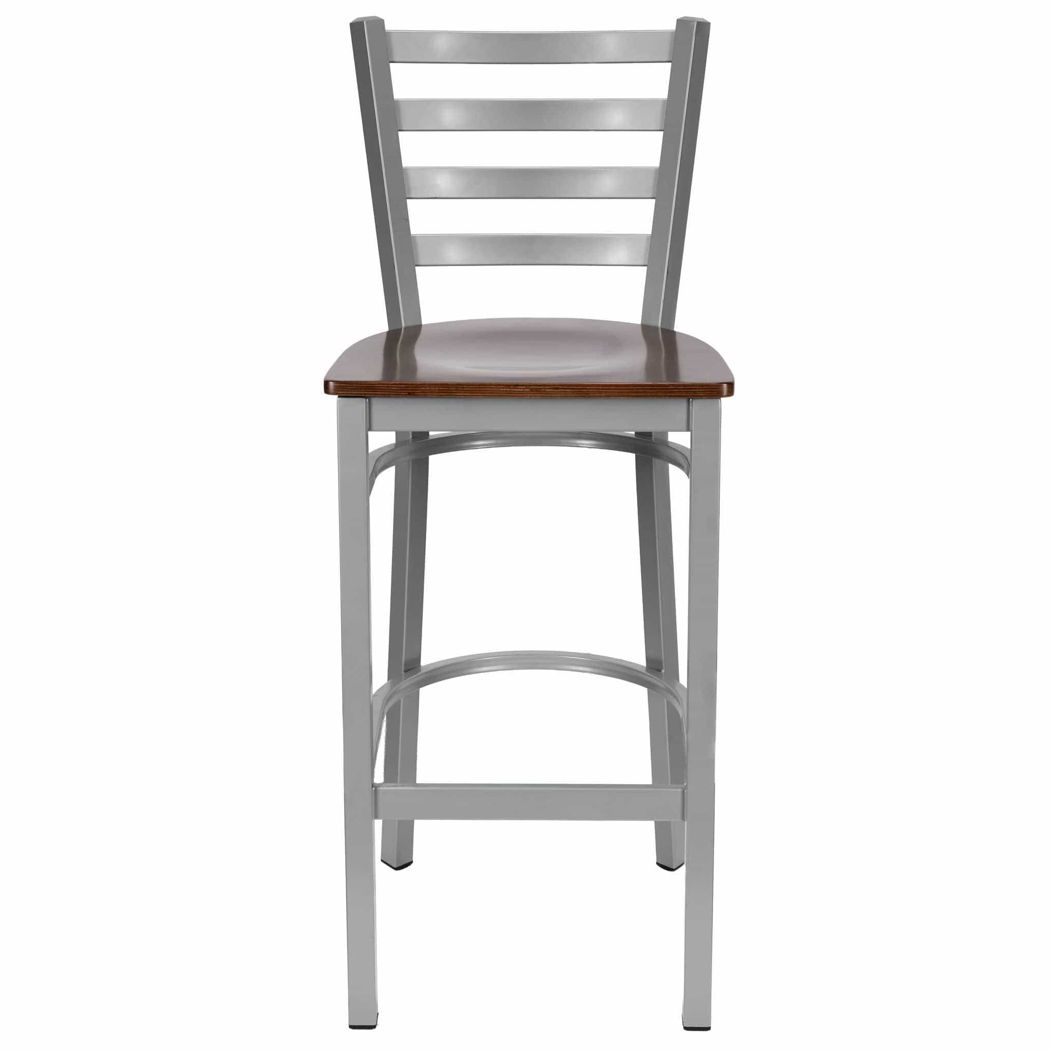 Chivari Ladder Back Bar Stool with Silver Frame and Dark Wood Seat BLMSWDW-ZF-KT