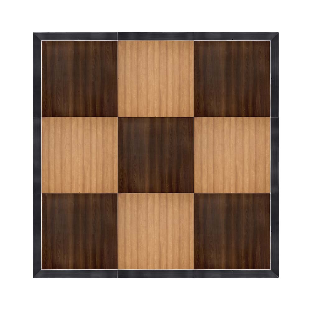 Chivari 12' x 12' Chestnut & Fruitwood Portable Dance Floor with Black Edge Trim DF-12X12-CHTFRTB-KT