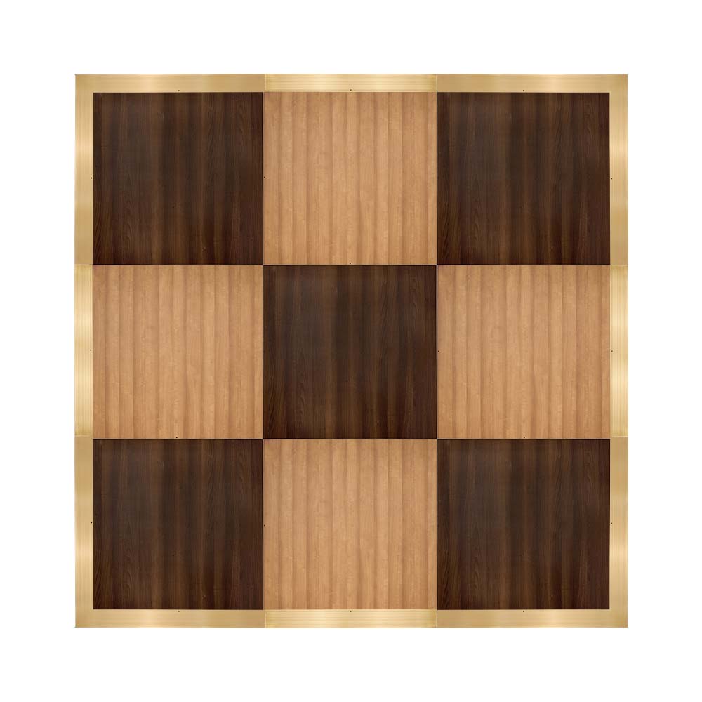 Chivari 12' x 12' Chestnut & Fruitwood Portable Dance Floor with Classic Gold Edge Trim DF-12X12-CHTFRTCG-KT