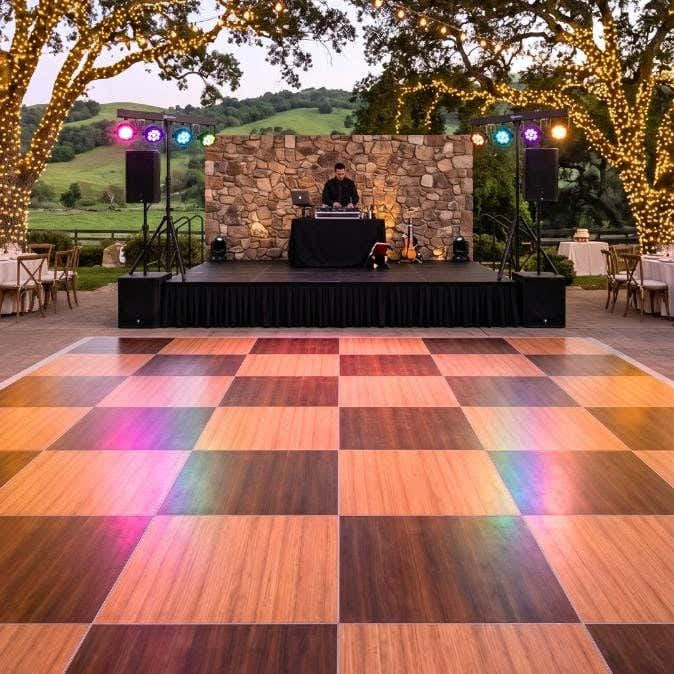 Chivari 24' x 24' Fruitwood & Chestnut Portable Dance Floor with Silver Edge Trim DF-24X24-CHTFRTS-KT