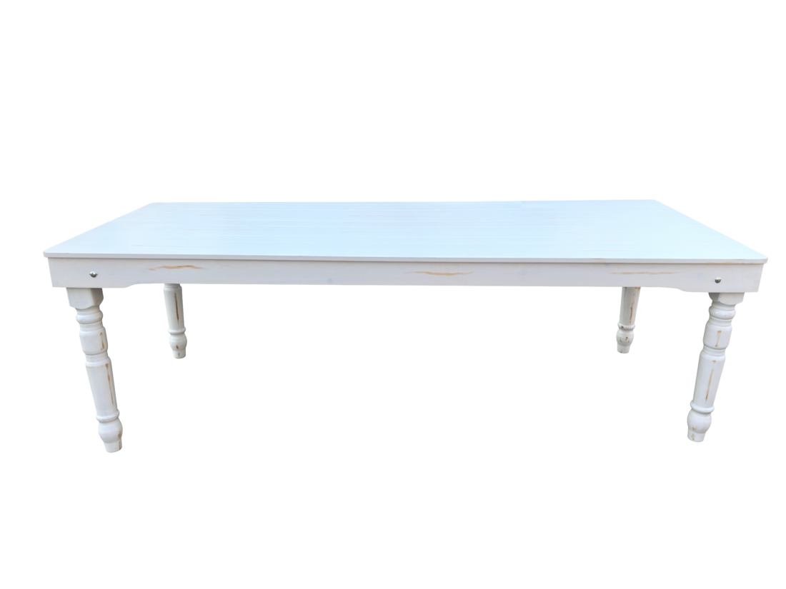 White Distressed Foot (96″ x 40″) Farm Table, Rectangle, Thin Fluted Leg