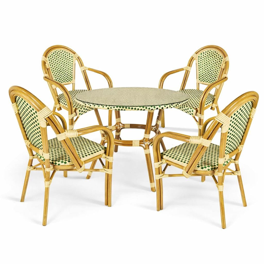 Toulouse Beige and Green French Bistro Set Includes 40" Table and 4 Chairs with Arms FBK-BG-AW4-AX