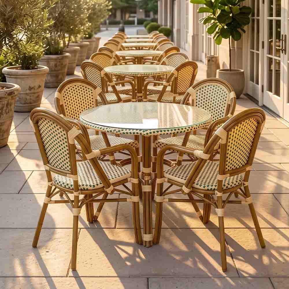 Toulouse 40" Round Glass Top Beige and Green Rattan French Bistro Table TBTPBG-KT-AX-T