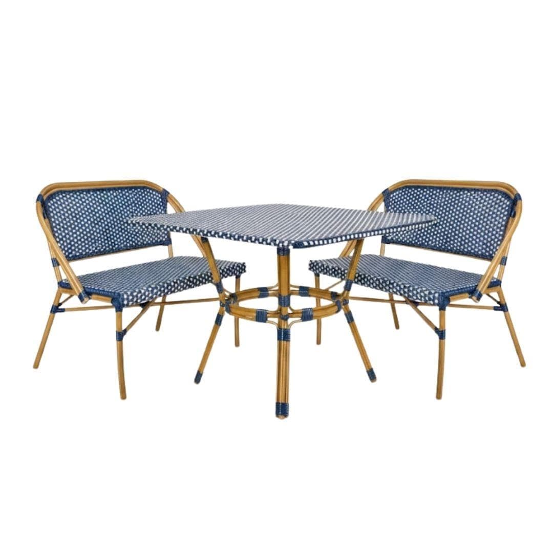 Toulouse Blue on White French Bistro Set with 48"x36" Table and 2 Benches FBK-BLU-4836X2B