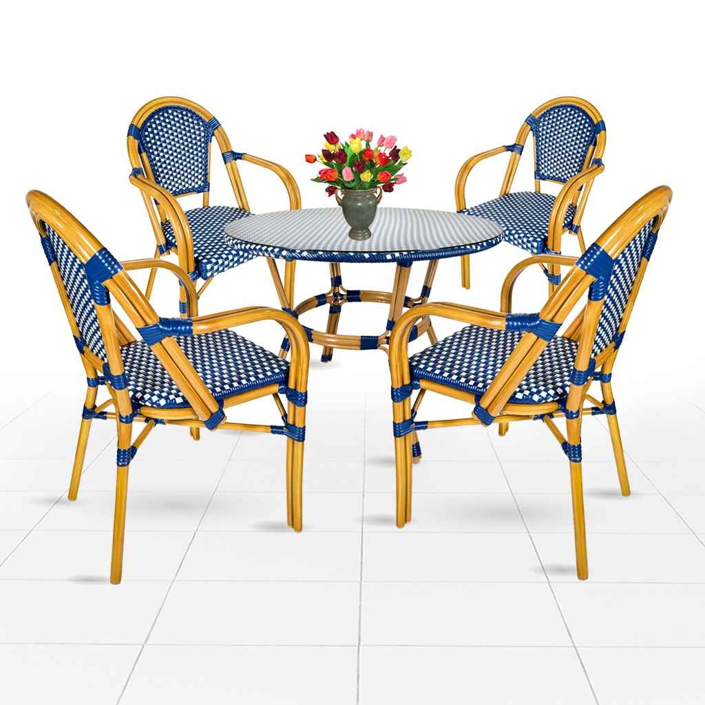 Toulouse Blue and White French Bistro Set Includes 40" Table and 4 Chairs with Arms FBK-BLU-ABLU4-AX