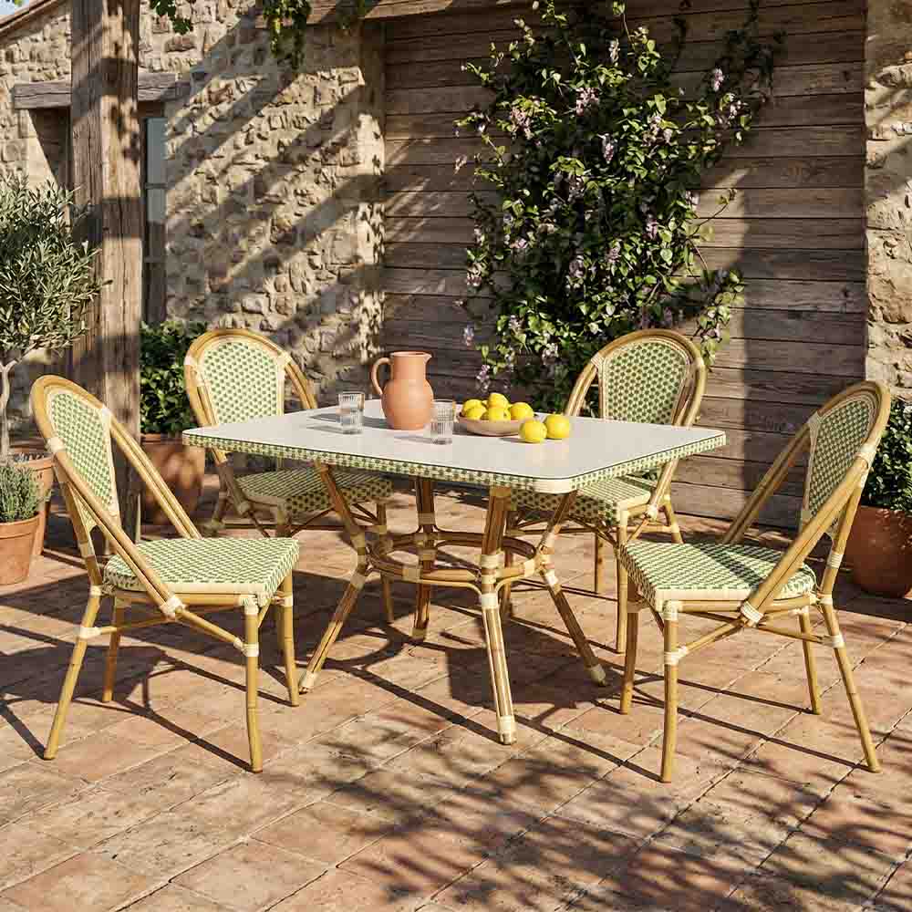 Toulouse Beige and Green French Bistro Set Includes 48" x 36" Table and 4 Chairs FBK-SQ-BG-W4-AX