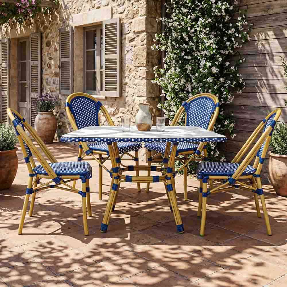 Toulouse Blue and White French Bistro Set Includes 48" x 36" Table and 4 Chairs FBK-SQ-BLU-BLU4-AX