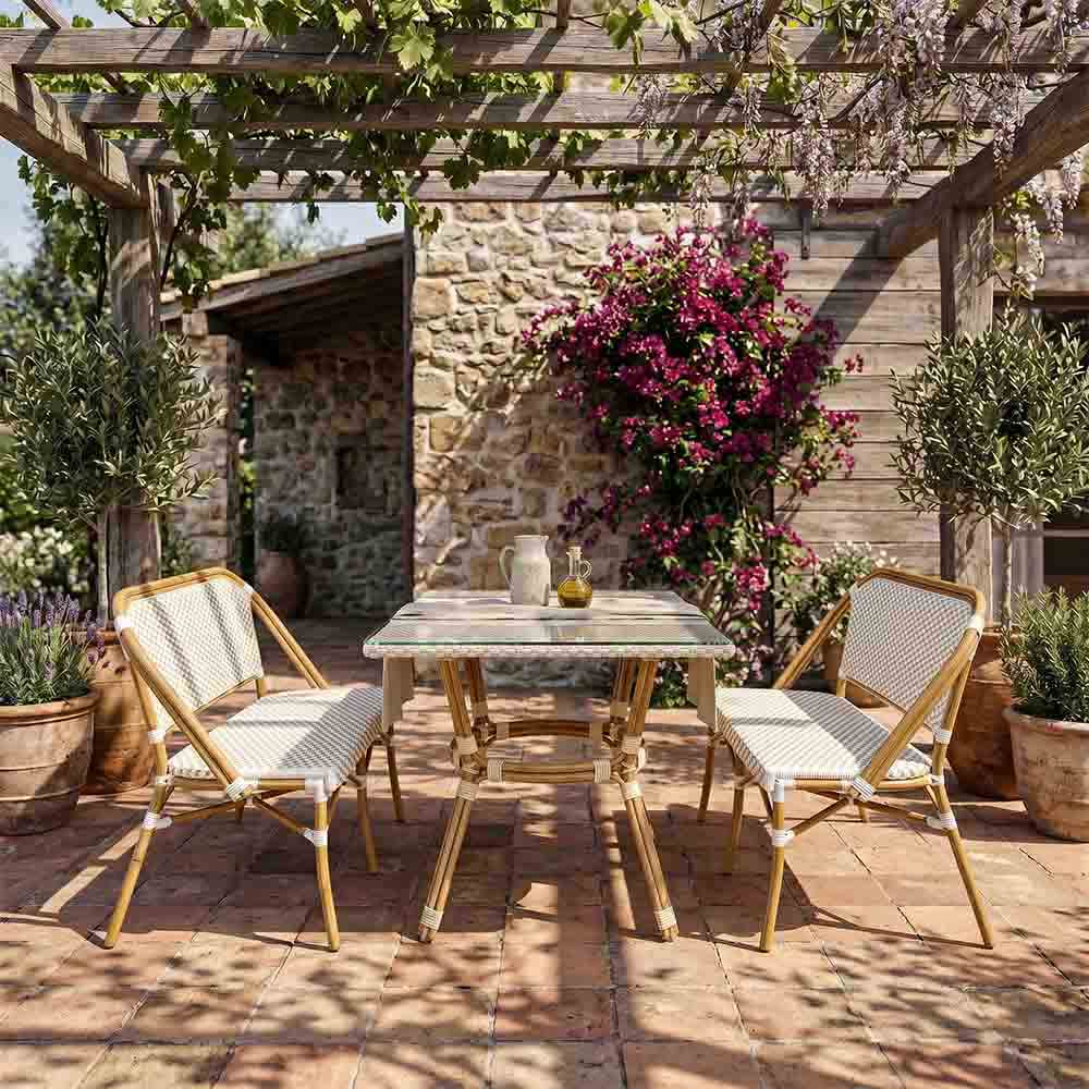 Toulouse White on Beige French Bistro Set with 48"x36" Table and 2 Benches FBK-WB-4836X2B