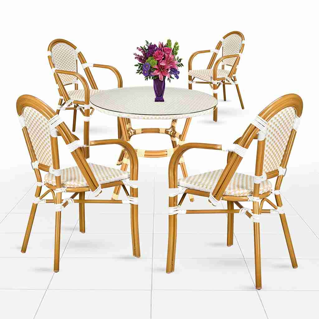 Toulouse White and Beige French Bistro Set Includes 40" Table and 4 Chairs with Arms FBK-WB-AWB4-AX