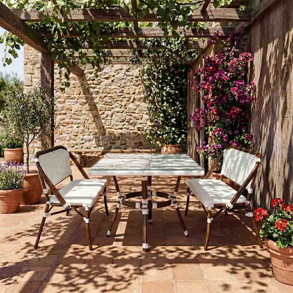 Toulouse White on White French Bistro Set with 48"x36" Table and 2 Benches FBK-WWD-4836X2B
