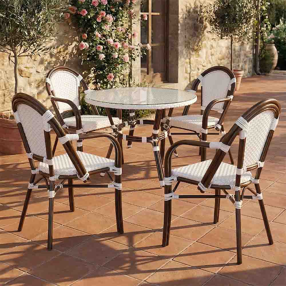Toulouse White French Bistro Set Includes 40" Table and 4 Chairs with Arms FBK-WWD-AWD4-AX