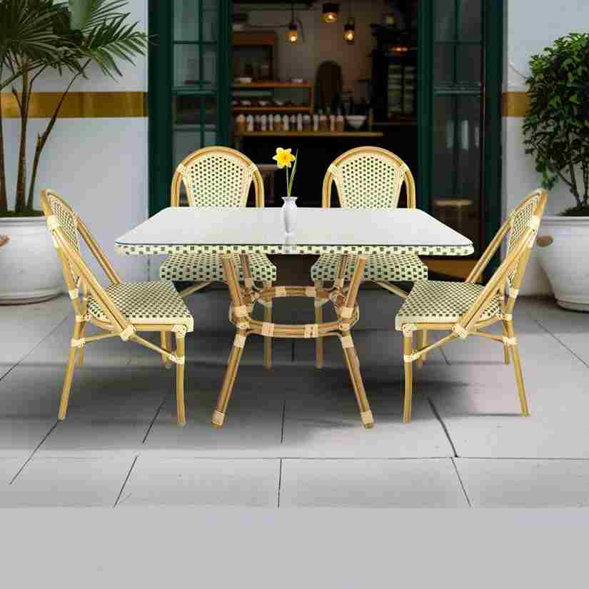 Toulouse Beige and Green French Bistro Set Includes 48" x 36" Table and 4 Chairs FBK-SQ-BG-W4-AX