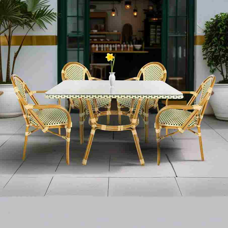 Toulouse Beige and Green French Bistro Set includes 48" x 36" Table and 4 Chairs with Arms FBK-SQ-BG-AW4-AX