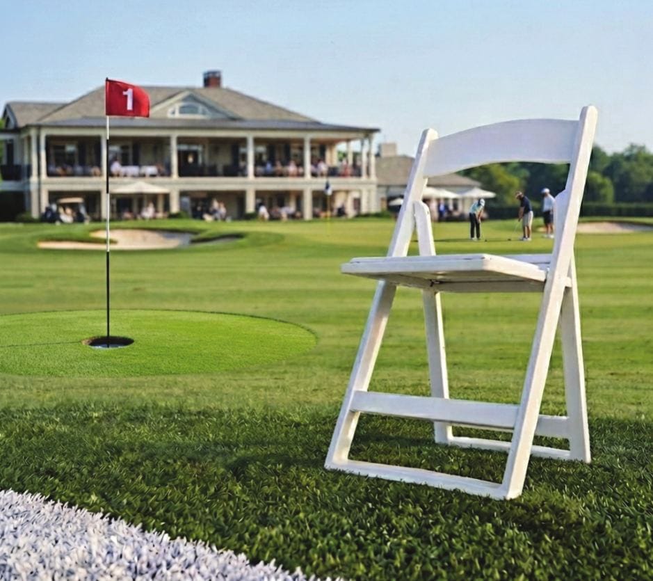 White Grass & Sand chair on a putting green in front of a country clubhouse