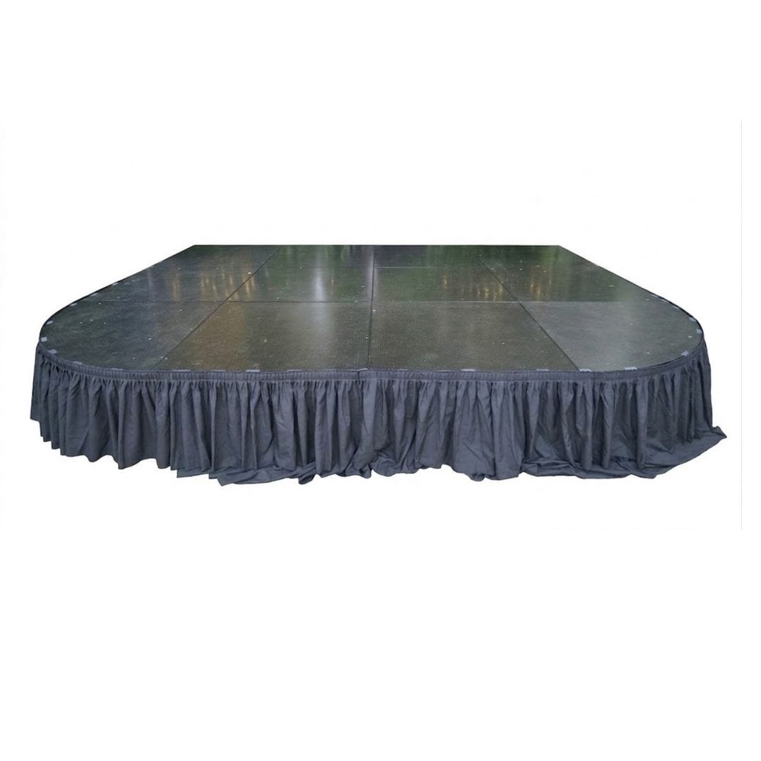 StandUp 16' Black Stage Skirt 21" High 180 GSM Polyester Linen with 8 Clips L-SKIRTSTG-16-BLK-MCS-T
