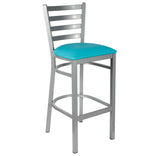 Ladder Back Bar Stool with Silver Frame and Light Blue Vinyl Seat