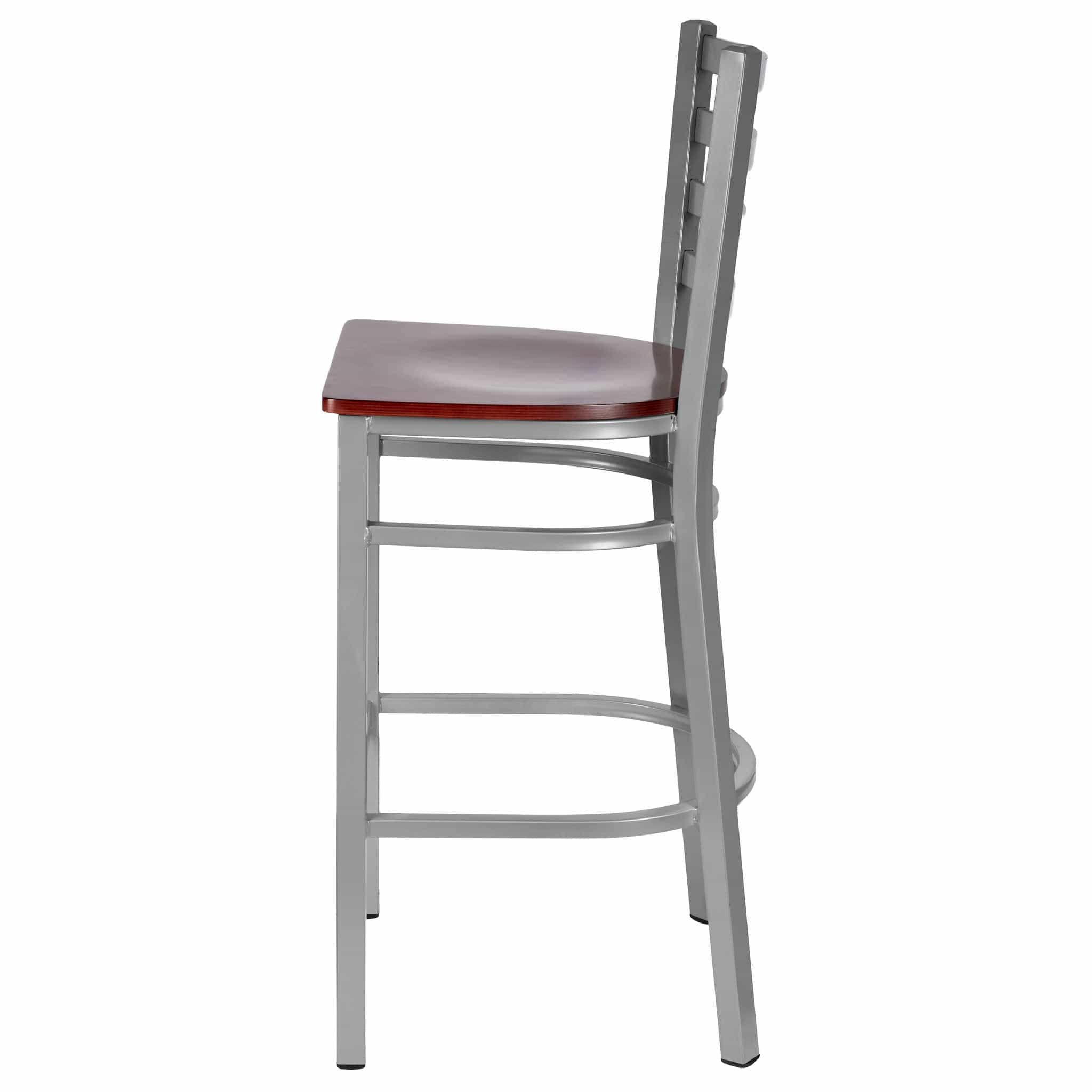 Chivari Ladder Back Bar Stool with Silver Frame and Mahogany Wood Seat BLMSWMW-ZF-KT