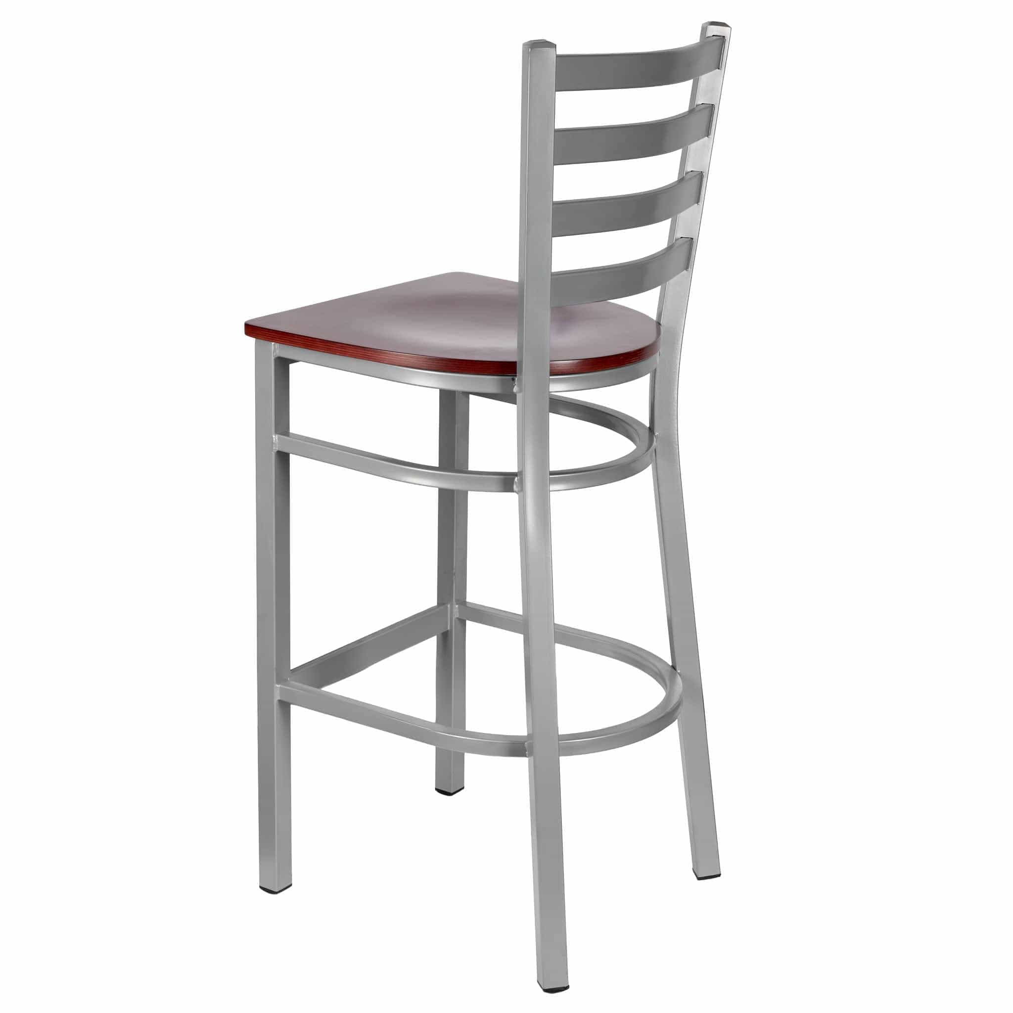 Chivari Ladder Back Bar Stool with Silver Frame and Mahogany Wood Seat BLMSWMW-ZF-KT