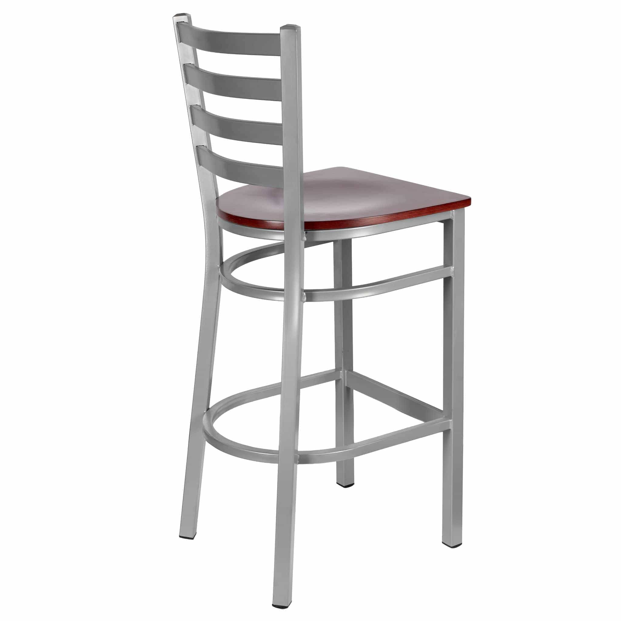 Chivari Ladder Back Bar Stool with Silver Frame and Mahogany Wood Seat BLMSWMW-ZF-KT