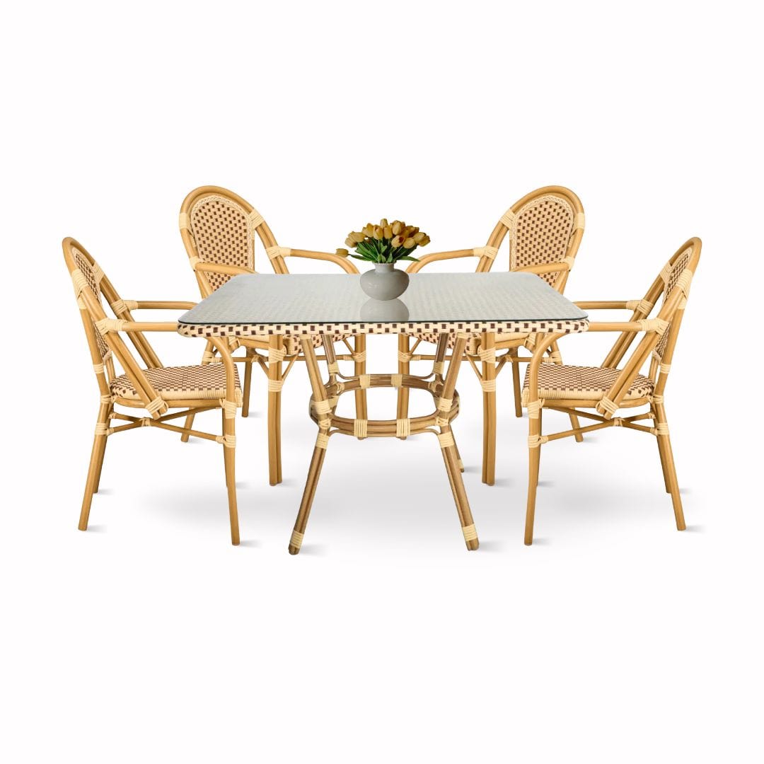 Toulouse Beige and Maroon French Bistro Set Includes 48" x 36" Table and 4 Chairs with Arms FBK-SQ-BM-AWM4-AX