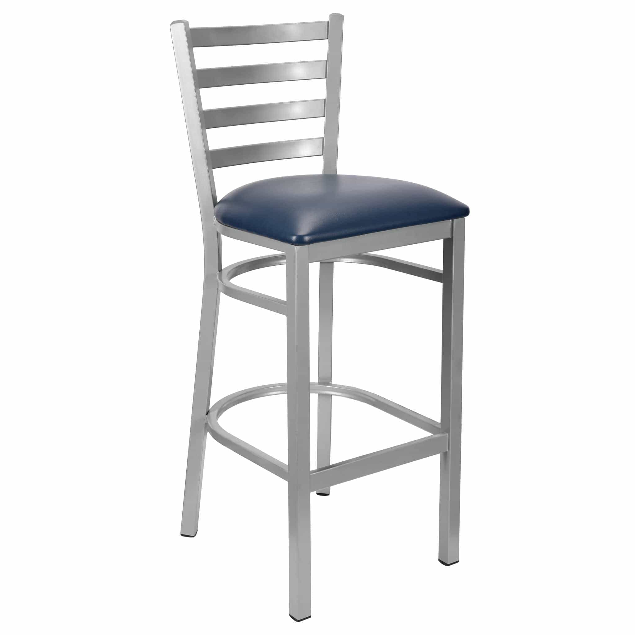 Chivari Ladder Back Bar Stool with Silver Frame and Navy Blue Vinyl Seat BLMSVNB-ZF-KT