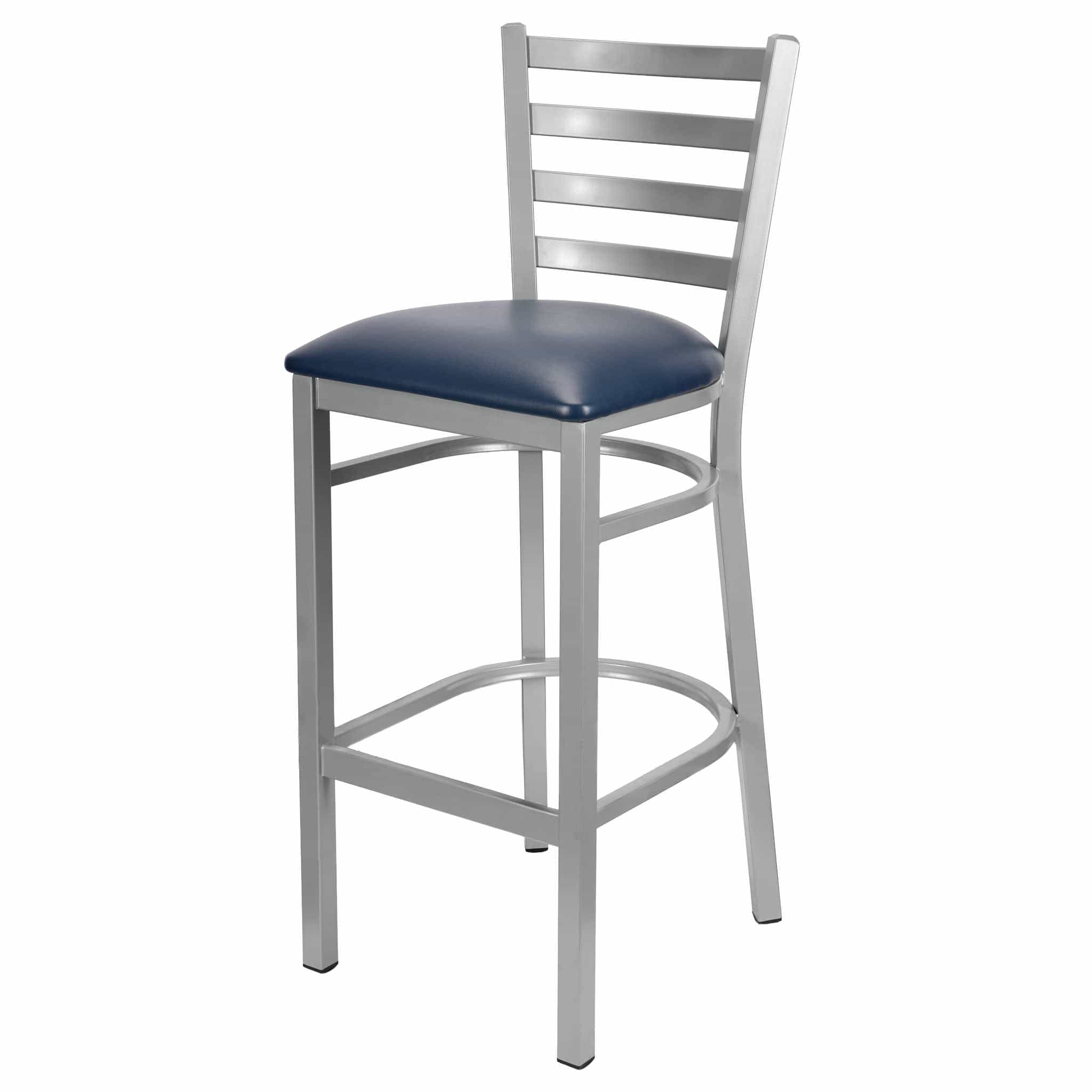 Chivari Ladder Back Bar Stool with Silver Frame and Navy Blue Vinyl Seat BLMSVNB-ZF-KT