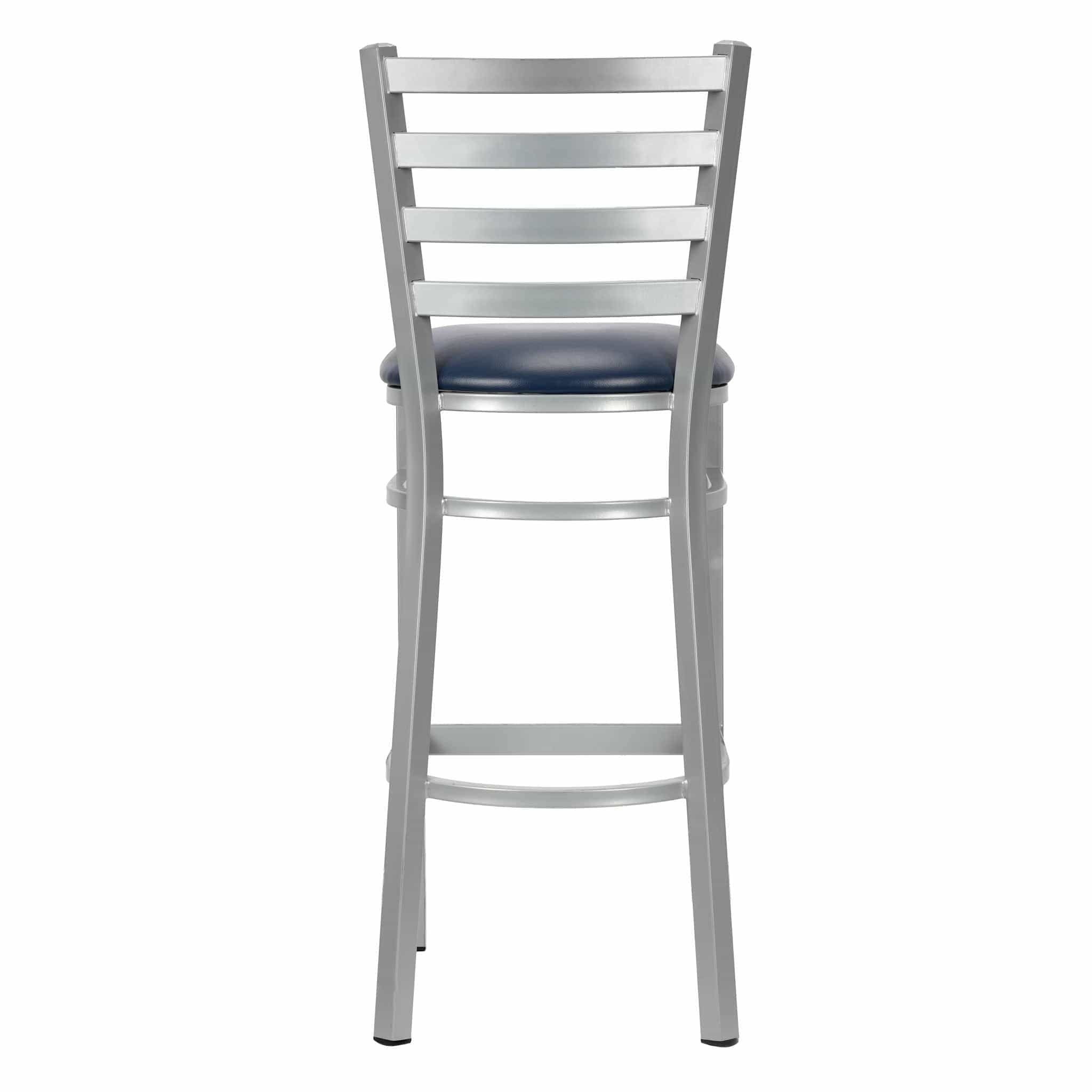 Chivari Ladder Back Bar Stool with Silver Frame and Navy Blue Vinyl Seat BLMSVNB-ZF-KT