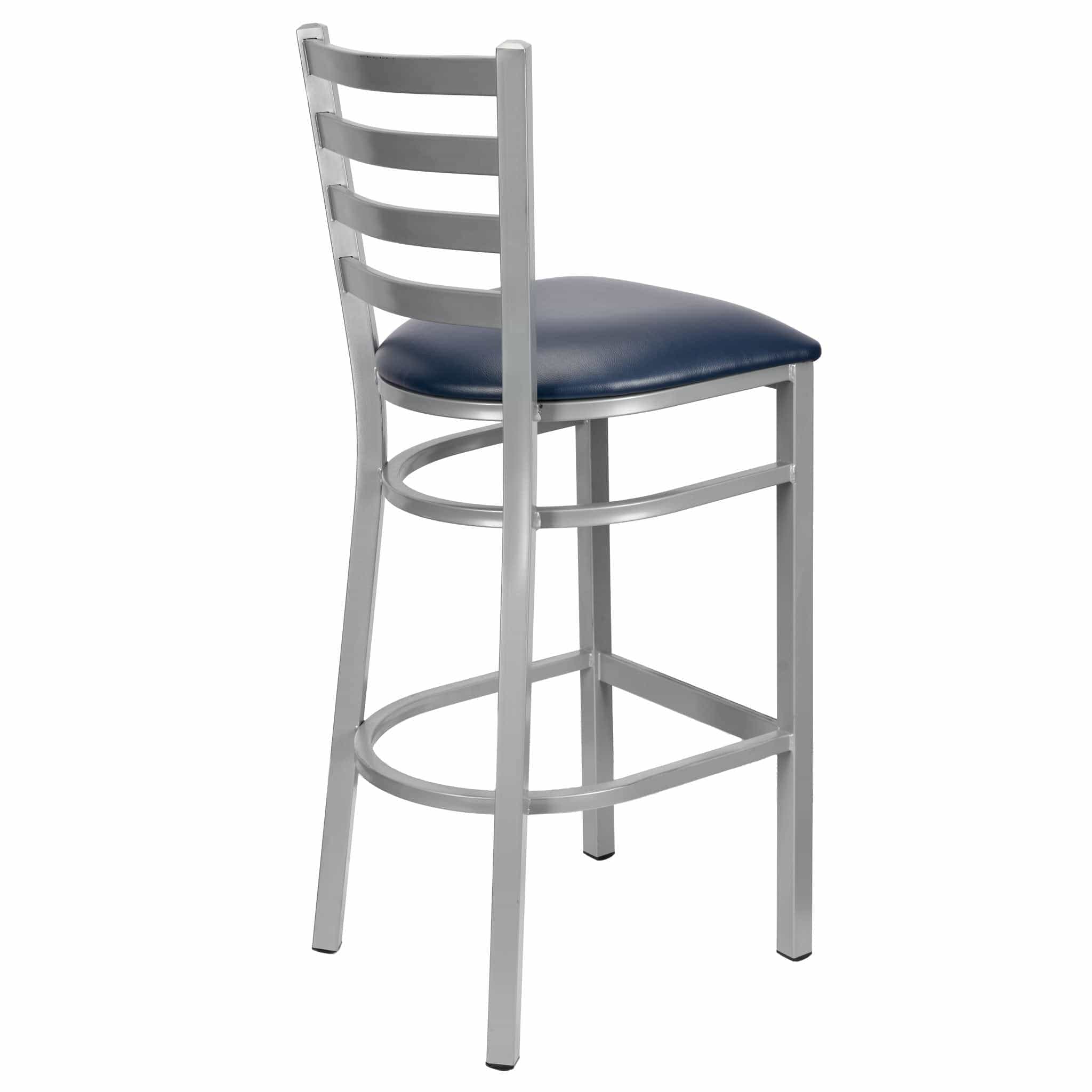 Chivari Ladder Back Bar Stool with Silver Frame and Navy Blue Vinyl Seat BLMSVNB-ZF-KT
