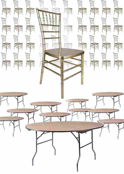 100 Sparkling Gold Champagne Chiavari + Ten 72" Rounds + Cart