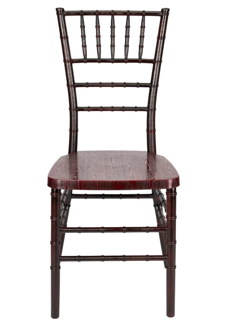 Chiavari The Luxury Combo - 100 Mahogany WoodGrain™ Resin Steel Skeleton™ Chiavari Chairs, 10 x 72" Round Plywood Tables, 1 Extra Large Table Cart PACK100CCRMBSTEEL1072RD-T