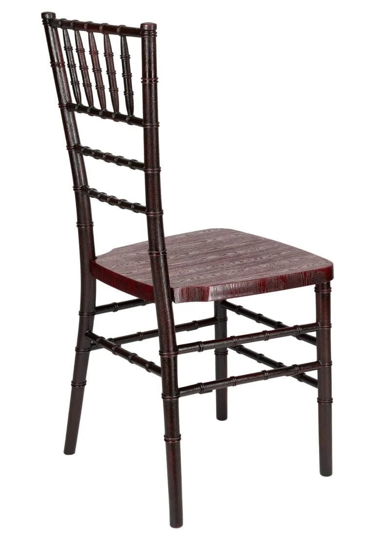 Chiavari The Luxury Combo - 100 Mahogany WoodGrain™ Resin Steel Skeleton™ Chiavari Chairs, 10 x 72" Round Plywood Tables, 1 Extra Large Table Cart PACK100CCRMBSTEEL1072RD-T