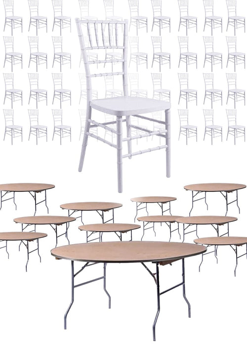 100 White Steel Skeleton™ Chiavari + Ten 72" Rounds + Table Cart
