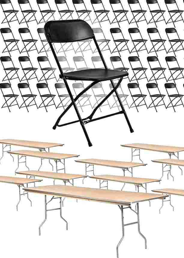 Chivari 100 Black Poly Folding Chairs + Ten 8' (96" x 30") Rectangular Plywood Banquet Tables PACK100CFPB-CX-T-TPLYRT9630M