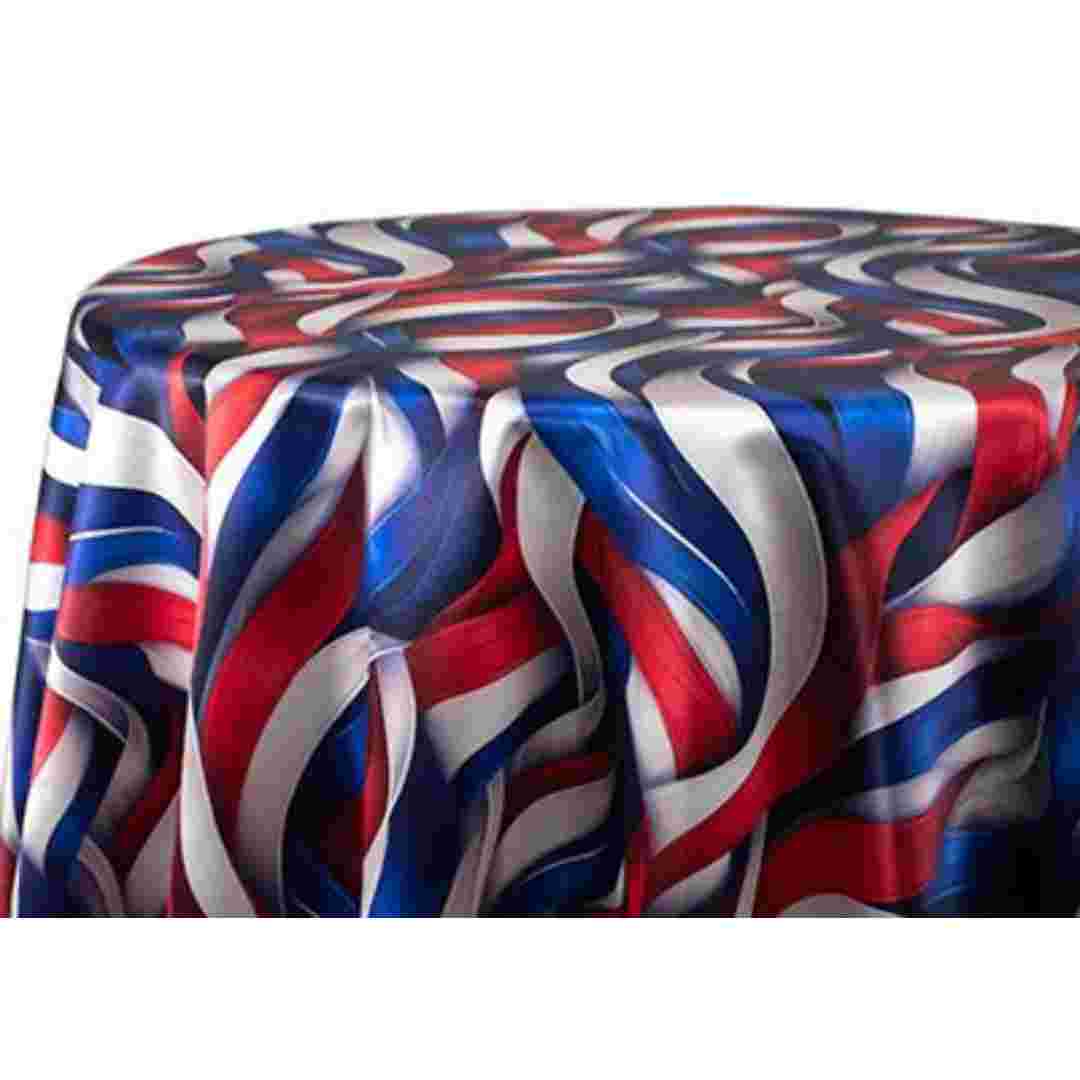 Chivari 132" Round Tablecloth Lamour Matte Satin Patriotic Ribbon TBC-72PN01