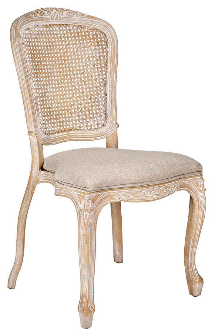 Chivari Natural White Washed Resin Royal Chair with Beige Tweed Fabric Seat and White Washed Rattan Back Similar to Louis Pop Style - York CRRNWBNWR-ZG-T