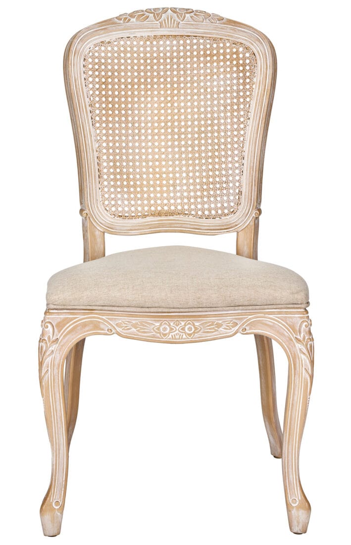 Chivari Natural White Washed Resin Royal Chair with Beige Tweed Fabric Seat and White Washed Rattan Back Similar to Louis Pop Style - York CRRNWBNWR-ZG-T
