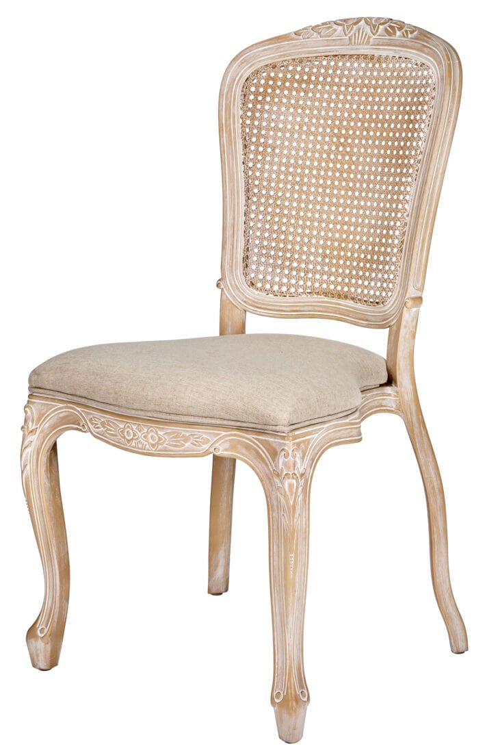 Chivari Natural White Washed Resin Royal Chair with Beige Tweed Fabric Seat and White Washed Rattan Back Similar to Louis Pop Style - York CRRNWBNWR-ZG-T