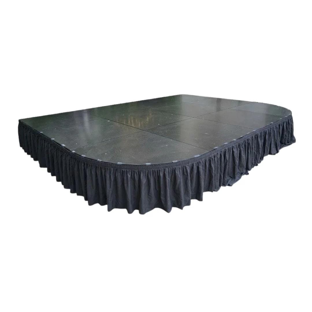StandUp 8' Black Stage Skirt 21" High 180 GSM Polyester Linen with 8 Clips STG-SKT-8-AX