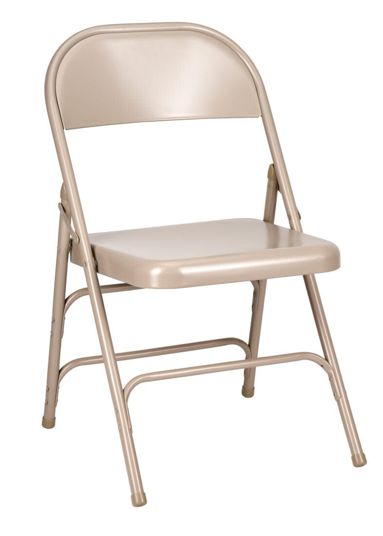 Chivari 100 Beige Metal Folding Chairs + 12 Plastic Round Table Kit CFMBE-100-12RD-KT