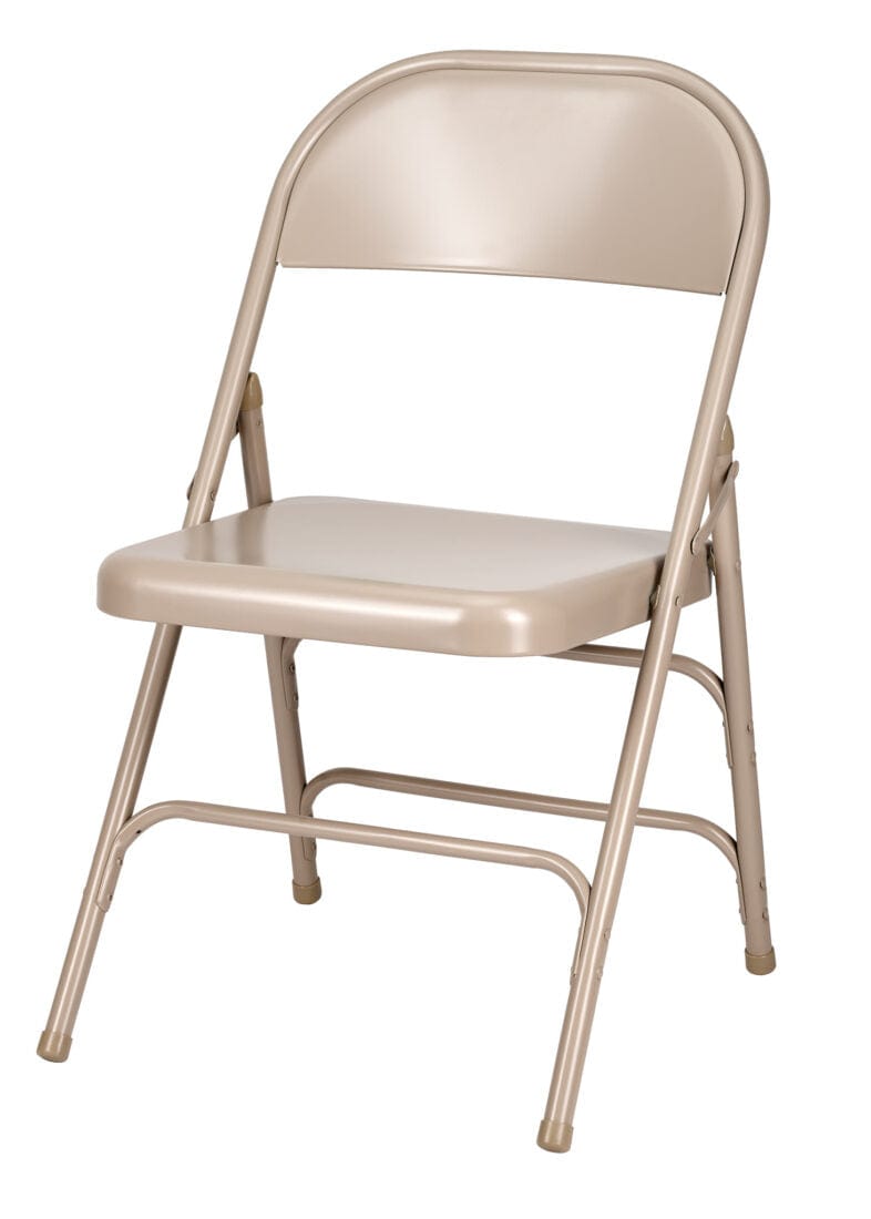 Chivari 100 Beige Metal Folding Chairs + 12 Plastic Round Table Kit CFMBE-100-12RD-KT