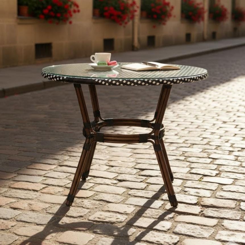 Toulouse 40" Round Glass Top Black and White Rattan French Bistro Table TBTPBLA-KT-AX-T