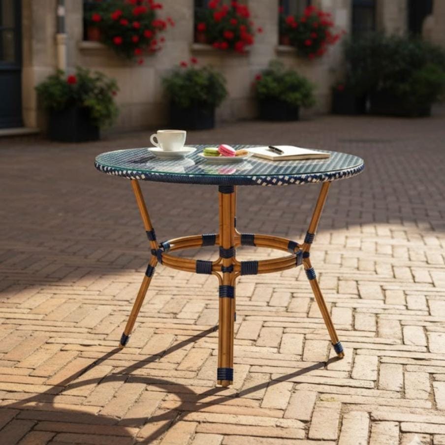 Toulouse 40" Round Glass Top Blue and White Rattan French Bistro Table TBTPBLU-KT-AX-T