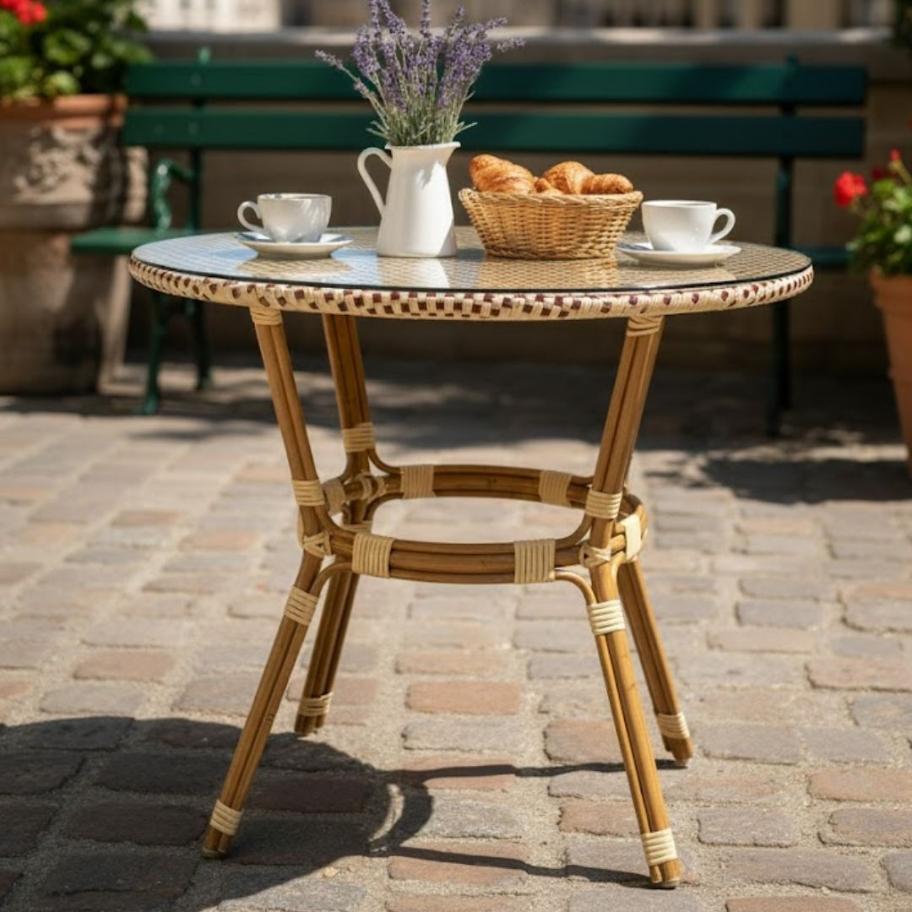 Toulouse 40" Round Glass Top Beige and Maroon Rattan French Bistro Table TBTPBM-KT-AX-T