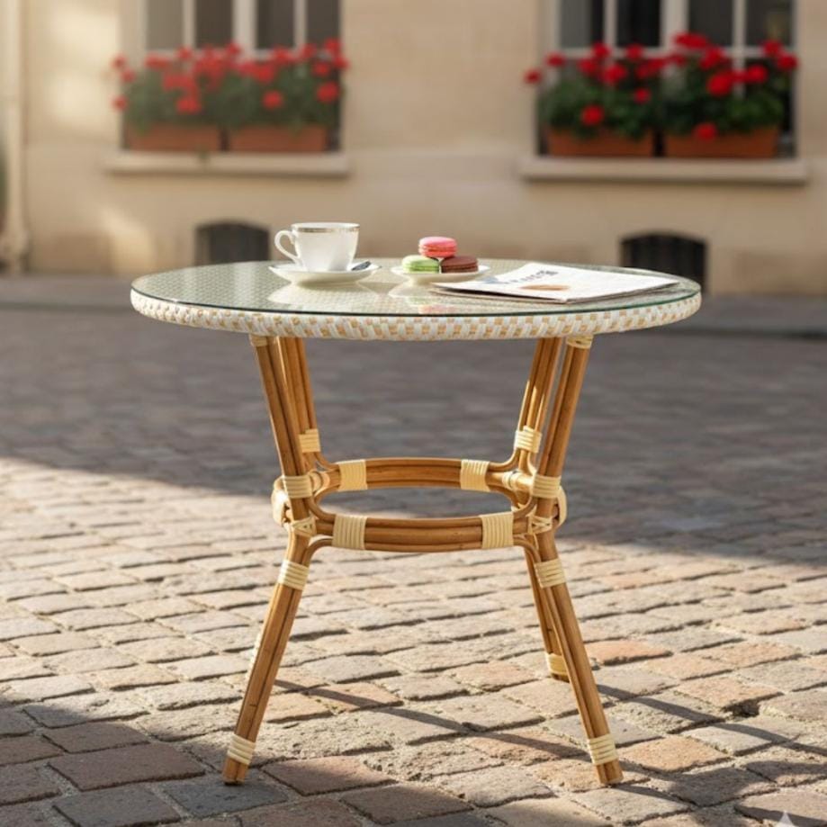 Toulouse 40" Round Glass Top White and Beige Rattan French Bistro Table TBTPWB-KT-AX-T