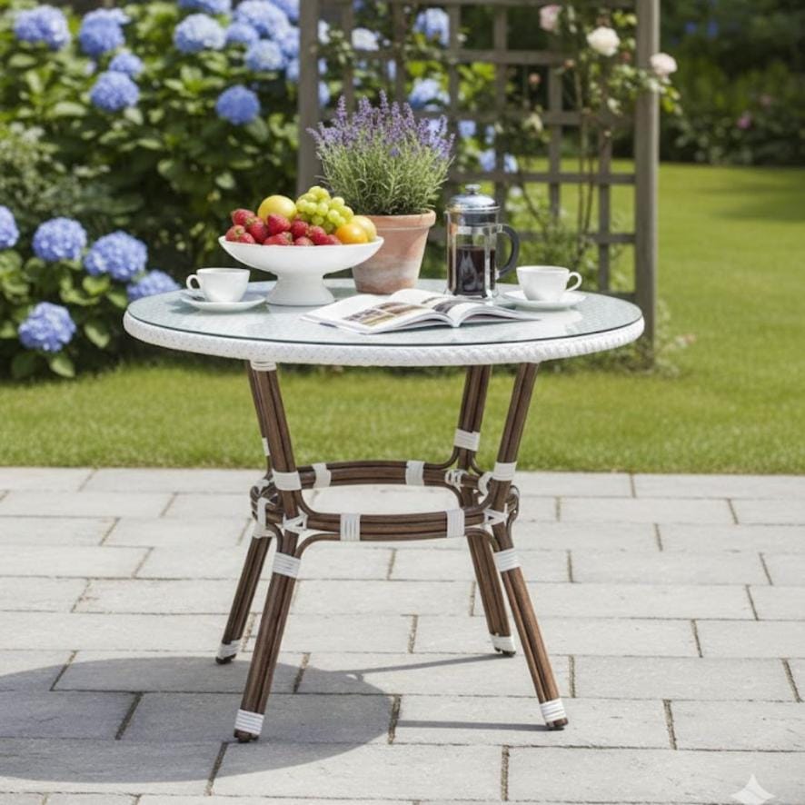 Toulouse 40" Round Glass Top White Rattan French Bistro Table TBTPWWD-KT-AX-T