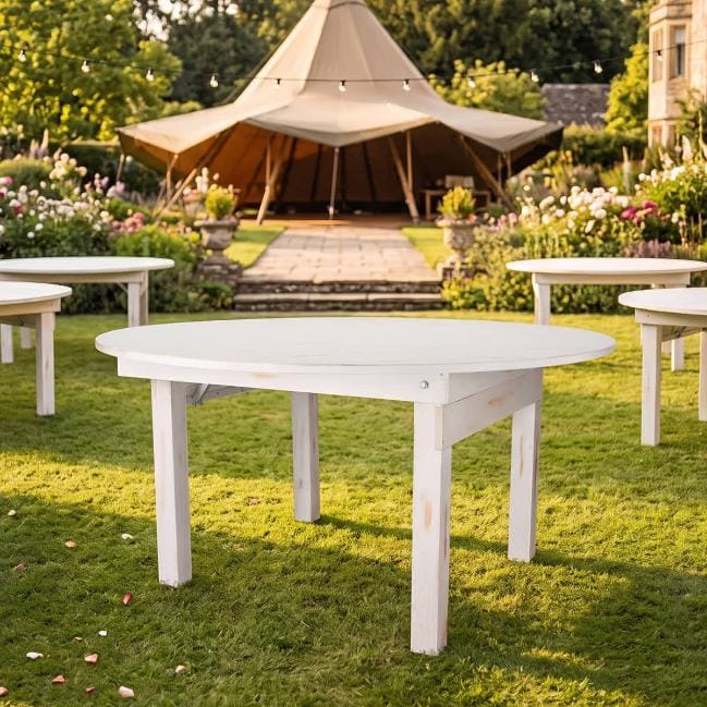 Chivari 60" (5 Foot) White Distressed Straight Leg Round Pine Farm Table TFARMRD60-WHITEDIST-S-LEG-AX-T