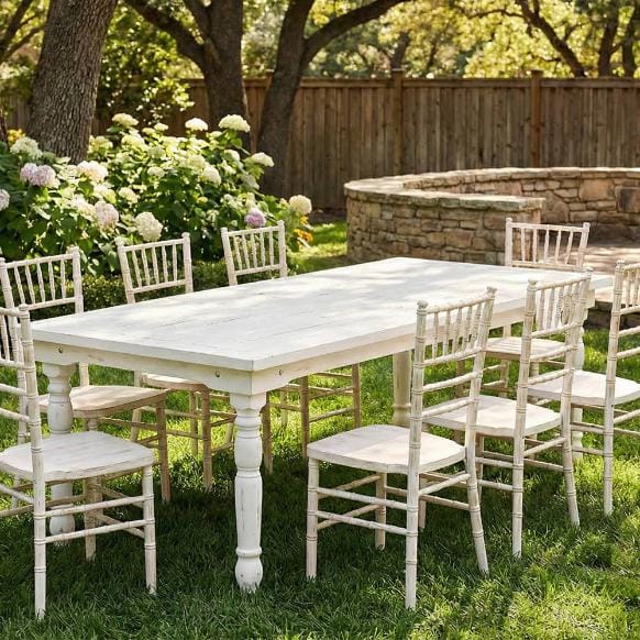 Chivari 96" x 40" (8 Foot) White Distressed Rectangle Thin Fluted Leg Wood Farm Table TFRMPLRT9640-WHD-FL-AX