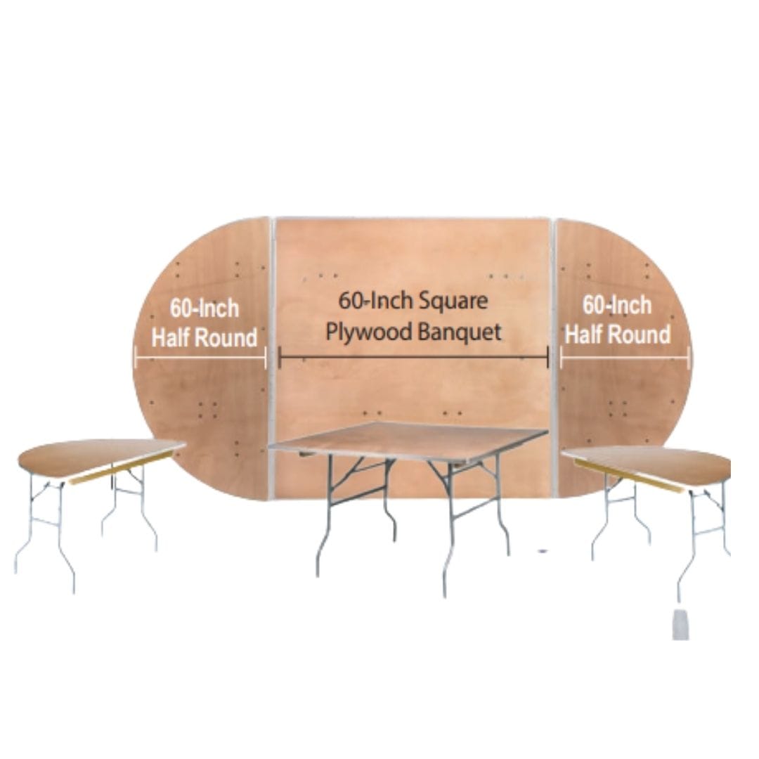 Chivari One Square 60" Plywood Table with 2 Half Round 60" Tables Metal Edge TPLYSQ60RD60MG-KIT-AX