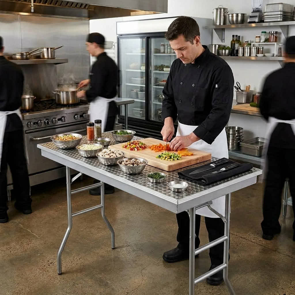 Chivari 48" x 24" (4 Foot) Stainless Steel Counter Height Kitchen Folding Table with Steel Skeleton™ TSTNRT4824-AX